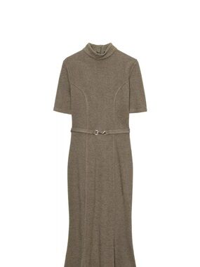 Zara Olive-Taupe Midi Dress with Slim Belt